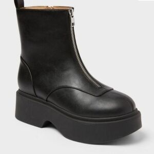 Black Platform Zip Front Leather Ankle Boot